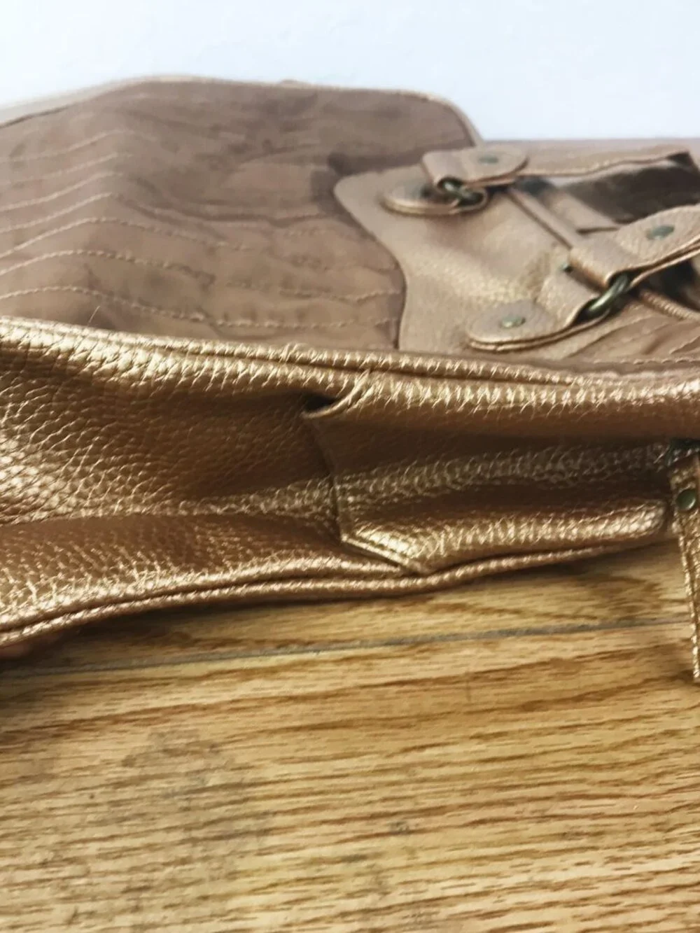 Lancome Metallic Gold Quilted Laptop Tote – Faux Leather Trim & Double Handles